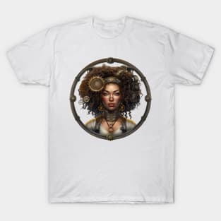 Steampunk Beauty: A Stunning Brown Woman in Gear-Adorned Afro T-Shirt